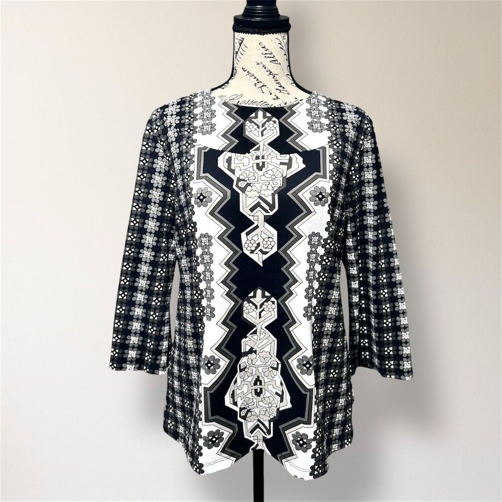 J.McLaughlin M Black White Floral Geometric Catalina Long Sleeve‎ Artsy Top